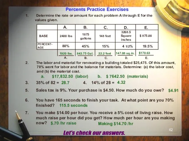 Percents Practice Exercises Determine the rate or amount for each