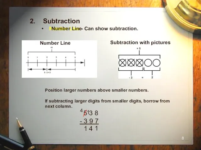 2. Subtraction Number Line - Can show subtraction. Number Line