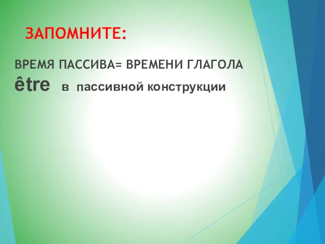 ЗАПОМНИТЕ: ВРЕМЯ ПАССИВА= ВРЕМЕНИ ГЛАГОЛА être в пассивной конструкции