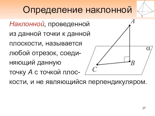 Определение наклонной Наклонной, проведенной из данной точки к данной плоскости,