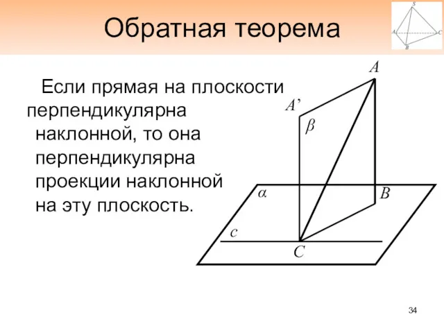 Обратная теорема Если прямая на плоскости перпендикулярна наклонной, то она перпендикулярна проекции наклонной на эту плоскость.