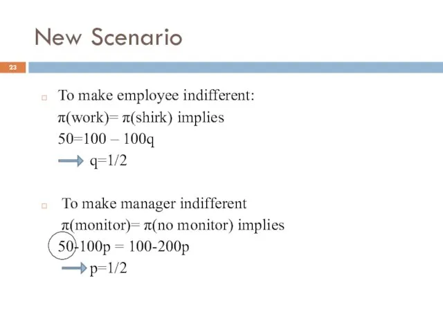 New Scenario To make employee indifferent: π(work)= π(shirk) implies 50=100