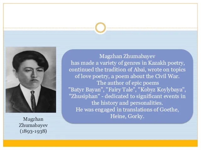 Magzhan Zhumabayev has made a variety of genres in Kazakh