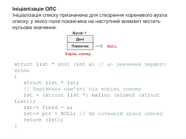 Ініціалізація ОЛС Ініціалізація списку призначена для створення кореневого вузла списку,