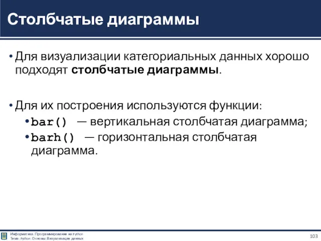 Для визуализации категориальных данных хорошо подходят столбчатые диаграммы. Для их