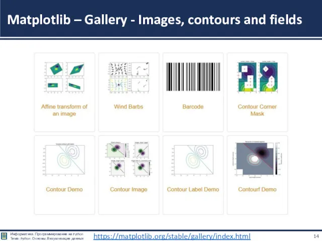 Matplotlib – Gallery - Images, contours and fields https://matplotlib.org/stable/gallery/index.html