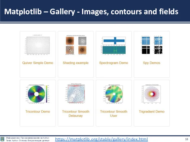 Matplotlib – Gallery - Images, contours and fields https://matplotlib.org/stable/gallery/index.html