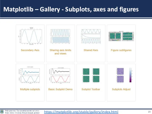 Matplotlib – Gallery - Subplots, axes and figures https://matplotlib.org/stable/gallery/index.html