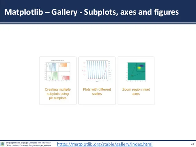 Matplotlib – Gallery - Subplots, axes and figures https://matplotlib.org/stable/gallery/index.html