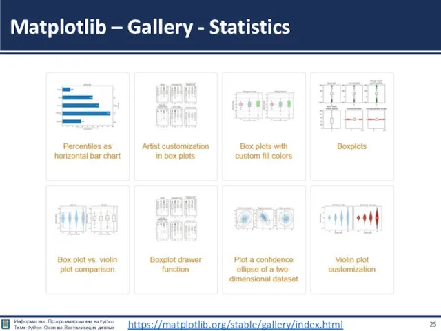 Matplotlib – Gallery - Statistics https://matplotlib.org/stable/gallery/index.html