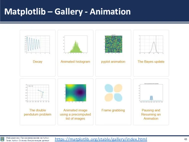 Matplotlib – Gallery - Animation https://matplotlib.org/stable/gallery/index.html