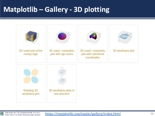 Matplotlib – Gallery - 3D plotting https://matplotlib.org/stable/gallery/index.html