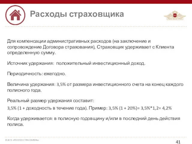 Расходы страховщика Для компенсации административных расходов (на заключение и сопровождение