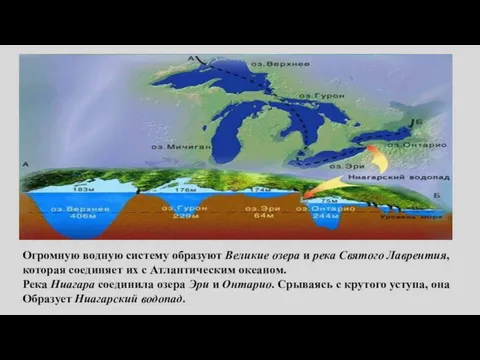 Огромную водную систему образуют Великие озера и река Святого Лаврентия,