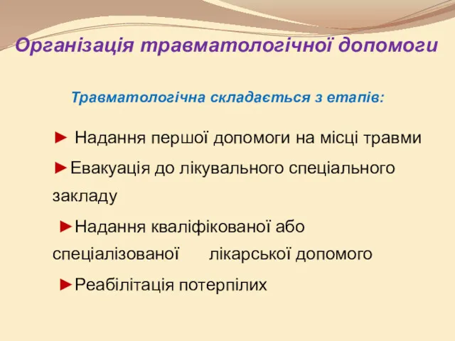 Організація травматологічної допомоги Травматологічна складається з етапів: ► Надання першої