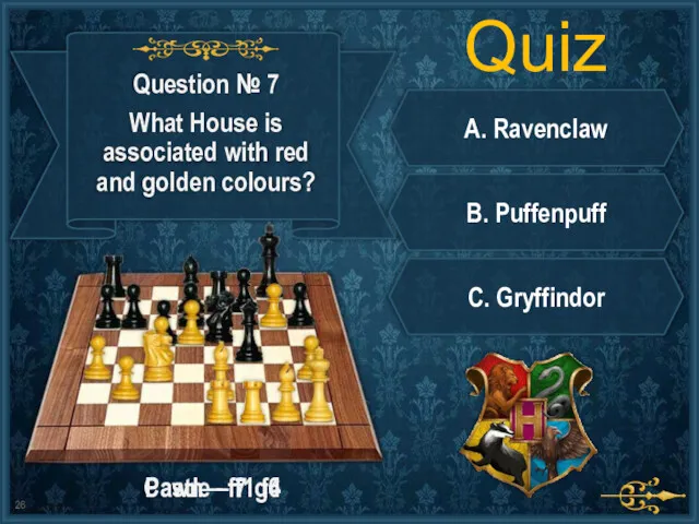 Quiz A. Ravenclaw B. Puffenpuff C. Gryffindor Castle – f1 f4 Pawn – f7 g6