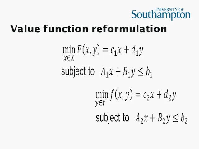 Value function reformulation