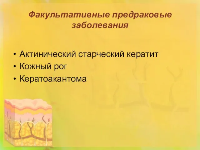 Факультативные предраковые заболевания Актинический старческий кератит Кожный рог Кератоакантома