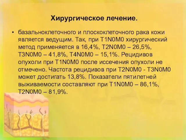 Хирургическое лечение. базальноклеточного и плоскоклеточного рака кожи является ведущим. Так,