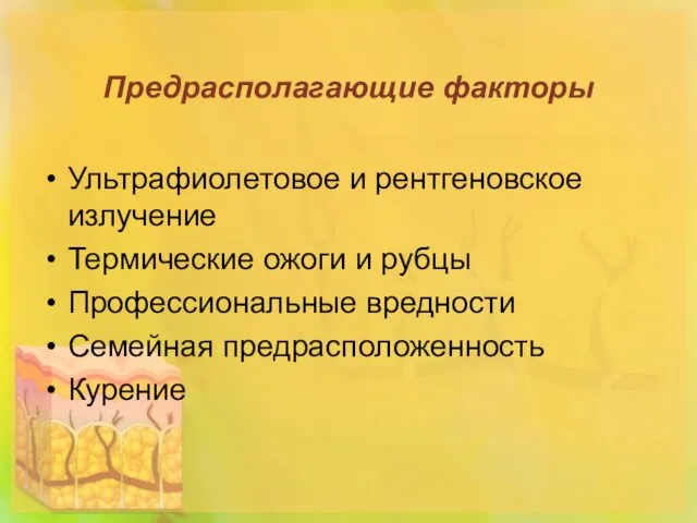 Предрасполагающие факторы Ультрафиолетовое и рентгеновское излучение Термические ожоги и рубцы Профессиональные вредности Семейная предрасположенность Курение