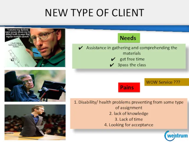 NEW TYPE OF CLIENT Pains Needs 1. Disability/ health problems