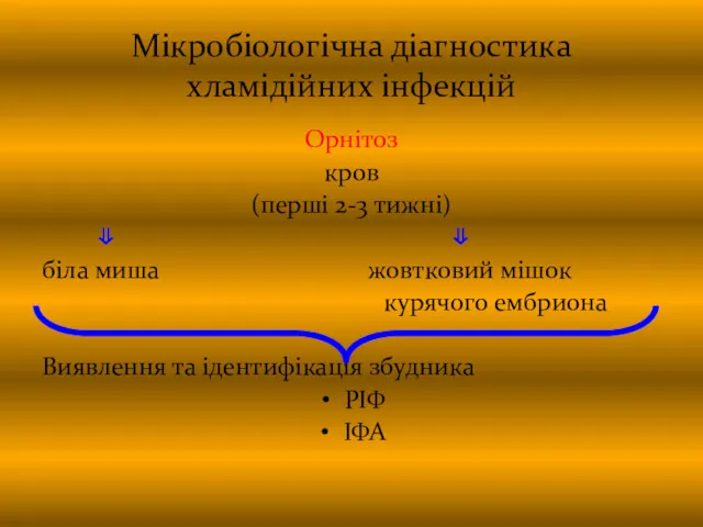 Мікробіологічна діагностика хламідійних інфекцій Орнітоз кров (перші 2-3 тижні) ⇓