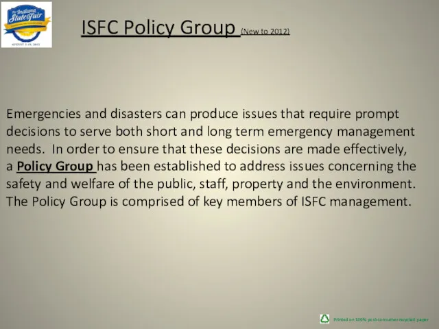 Printed on 100% post-consumer recycled paper ISFC Policy Group (New