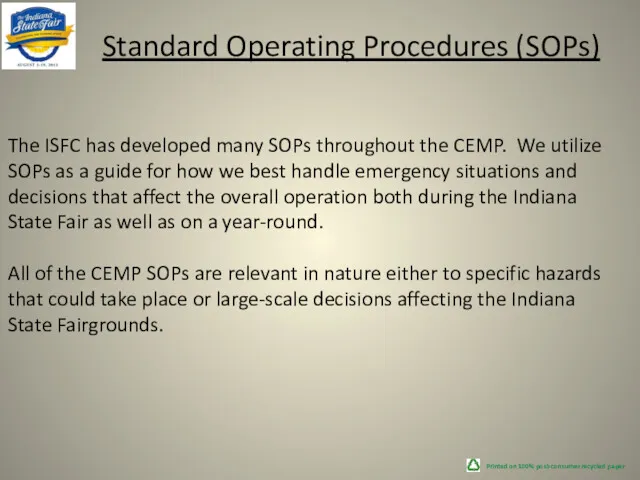 Printed on 100% post-consumer recycled paper Standard Operating Procedures (SOPs)