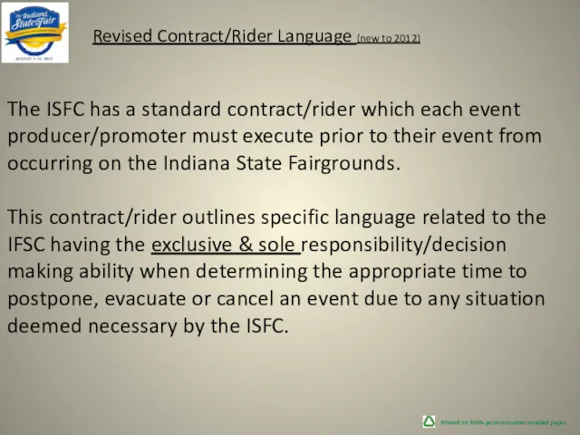 Printed on 100% post-consumer recycled paper Revised Contract/Rider Language (new