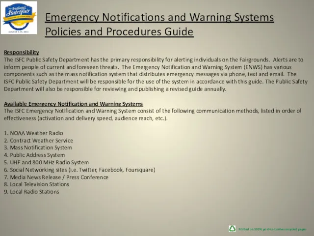 Printed on 100% post-consumer recycled paper Emergency Notifications and Warning