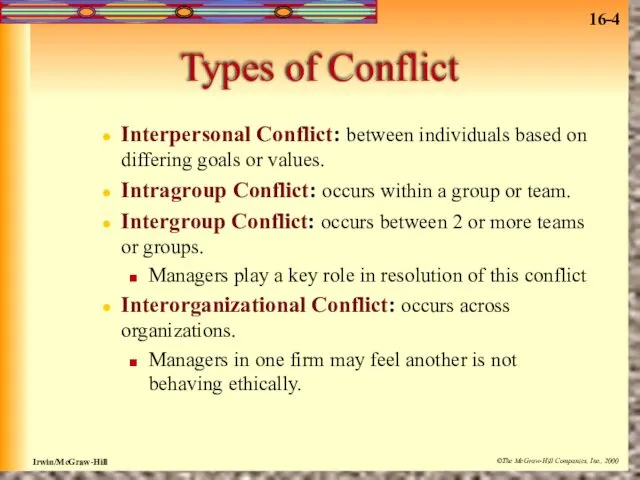 Types of Conflict Interpersonal Conflict: between individuals based on differing
