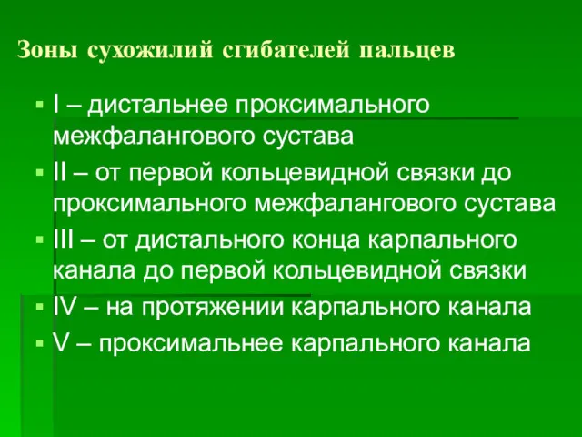 Зоны сухожилий сгибателей пальцев I – дистальнее проксимального межфалангового сустава