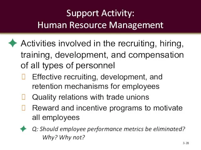 Support Activity: Human Resource Management Activities involved in the recruiting,