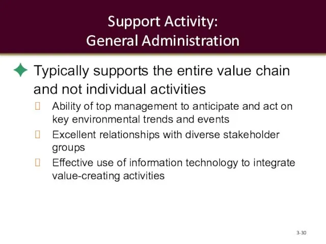 Support Activity: General Administration Typically supports the entire value chain