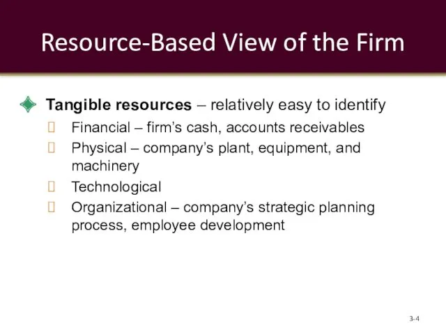 Resource-Based View of the Firm Tangible resources – relatively easy
