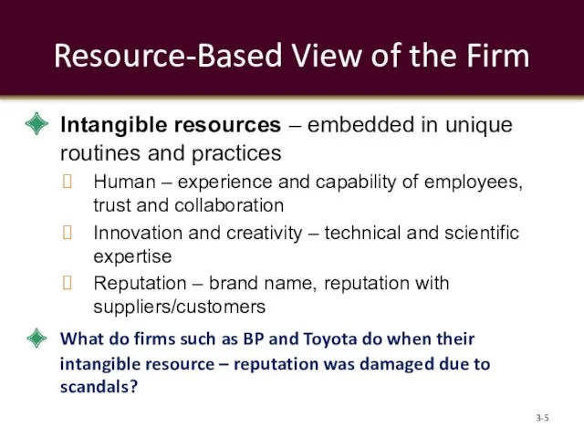 Resource-Based View of the Firm Intangible resources – embedded in