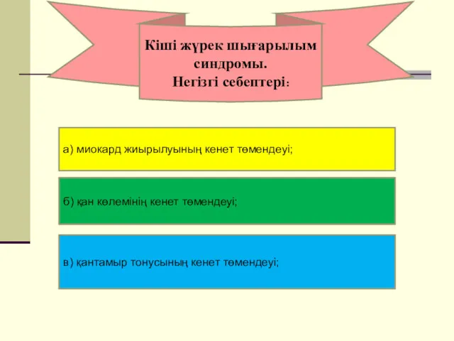 Кіші жүрек шығарылым синдромы. Негізгі себептері: а) миокард жиырылуының кенет