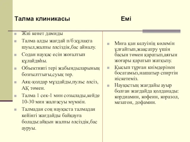 Талма клиникасы Жиі кенет дамиды Талма алды жағдай п/б:құлақта шуыл,жалпы