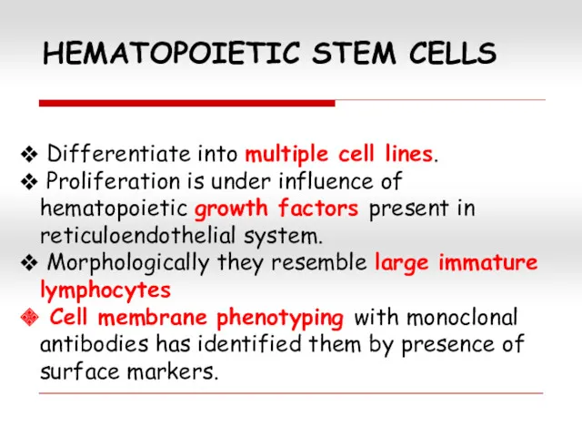 HEMATOPOIETIC STEM CELLS Differentiate into multiple cell lines. Proliferation is under influence of