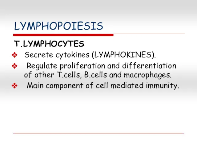 LYMPHOPOIESIS T.LYMPHOCYTES Secrete cytokines (LYMPHOKINES). Regulate proliferation and differentiation of other T.cells, B.cells