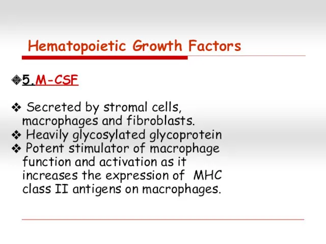 5.M-CSF Secreted by stromal cells, macrophages and fibroblasts. Heavily glycosylated glycoprotein Potent stimulator