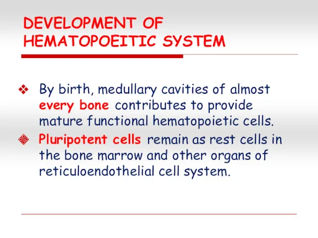 DEVELOPMENT OF HEMATOPOEITIC SYSTEM By birth, medullary cavities of almost every bone contributes
