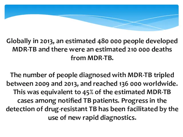 Globally in 2013, an estimated 480 000 people developed MDR-TB