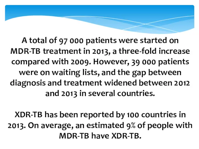 A total of 97 000 patients were started on MDR-TB