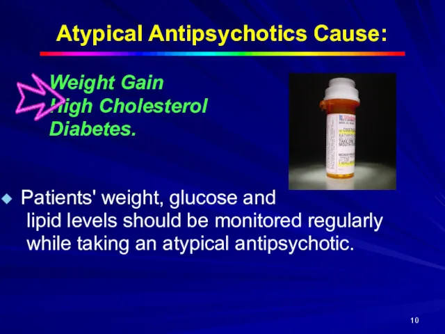 Atypical Antipsychotics Cause: Weight Gain High Cholesterol Diabetes. Patients' weight, glucose and lipid