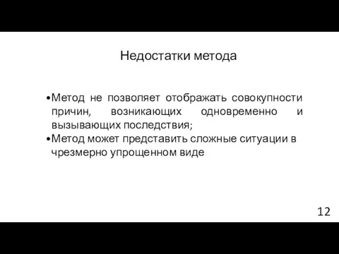 Недостатки метода Метод не позволяет отображать совокупности причин, возникающих одновременно