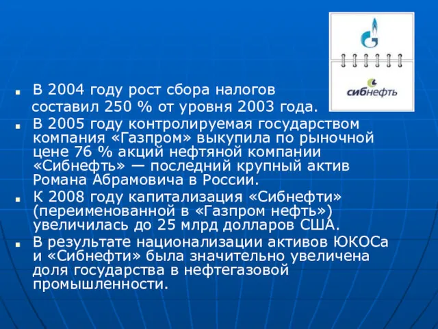 В 2004 году рост сбора налогов составил 250 % от