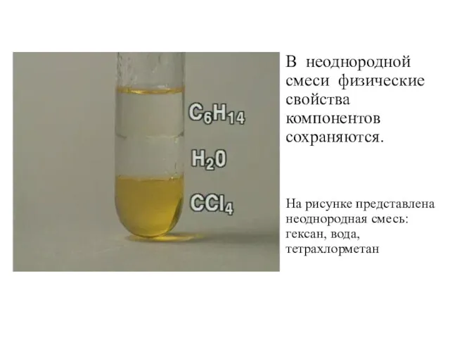 В неоднородной смеси физические свойства компонентов сохраняются. На рисунке представлена неоднородная смесь: гексан, вода, тетрахлорметан