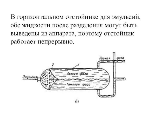 В горизонтальном отстойнике для эмульсий, обе жидкости после разделения могут