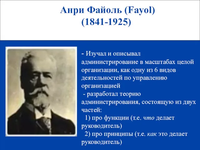 Анри Файоль (Fayol) (1841-1925) - Изучал и описывал администрирование в масштабах целой организации,